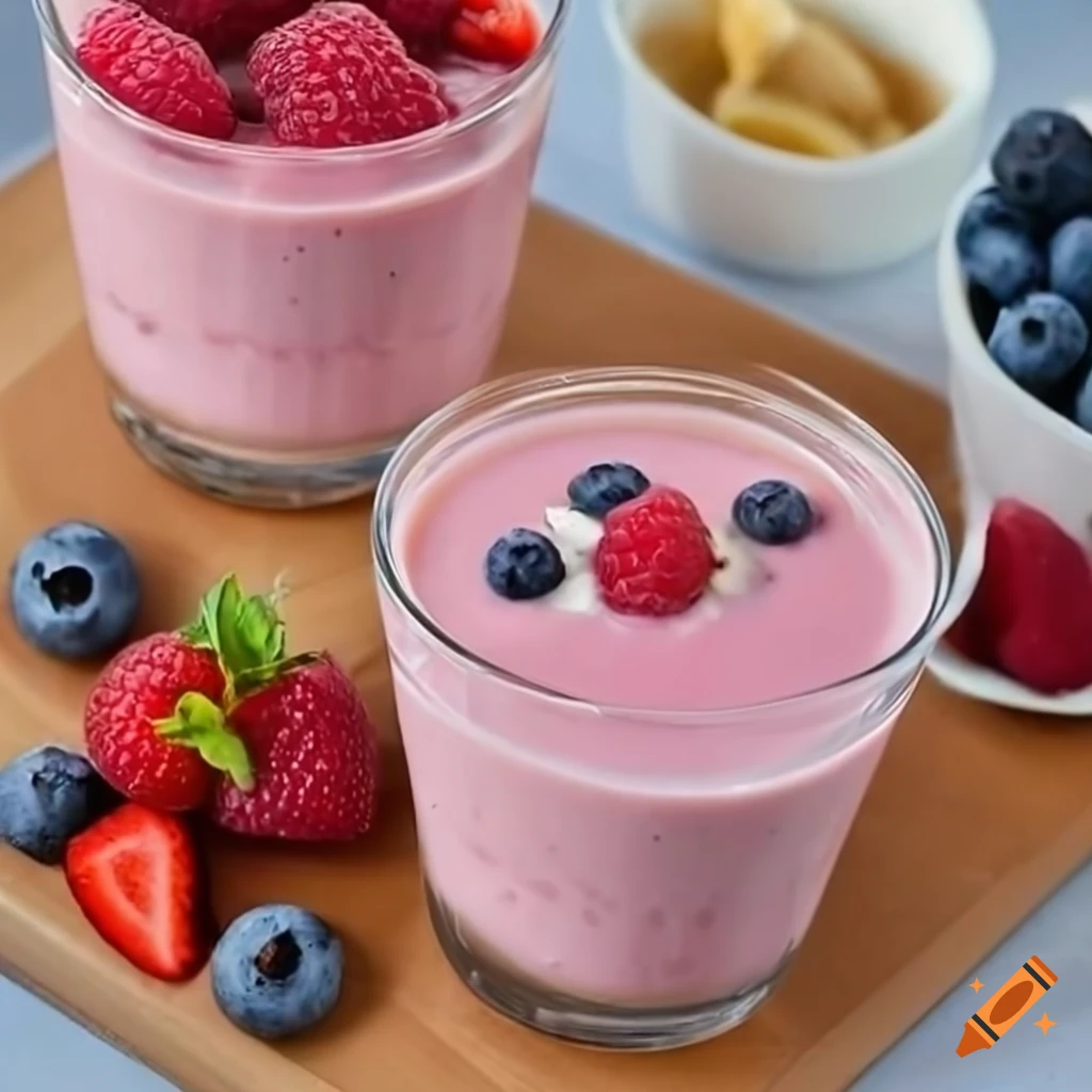 Mixed berries and banana smoothie with greek yoghurt and protein powder