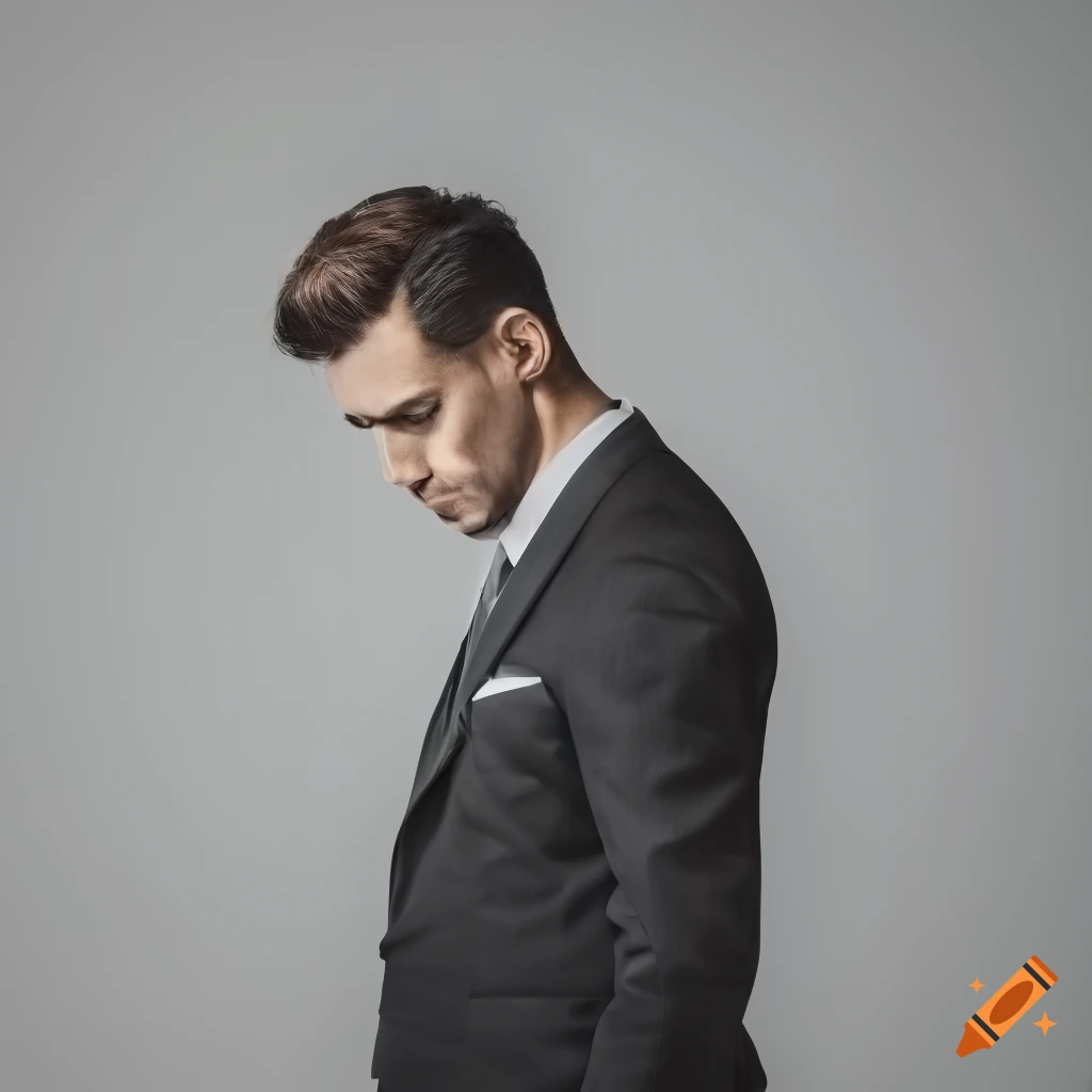 Man in suit and tie looking disdainfully downwards on a white background