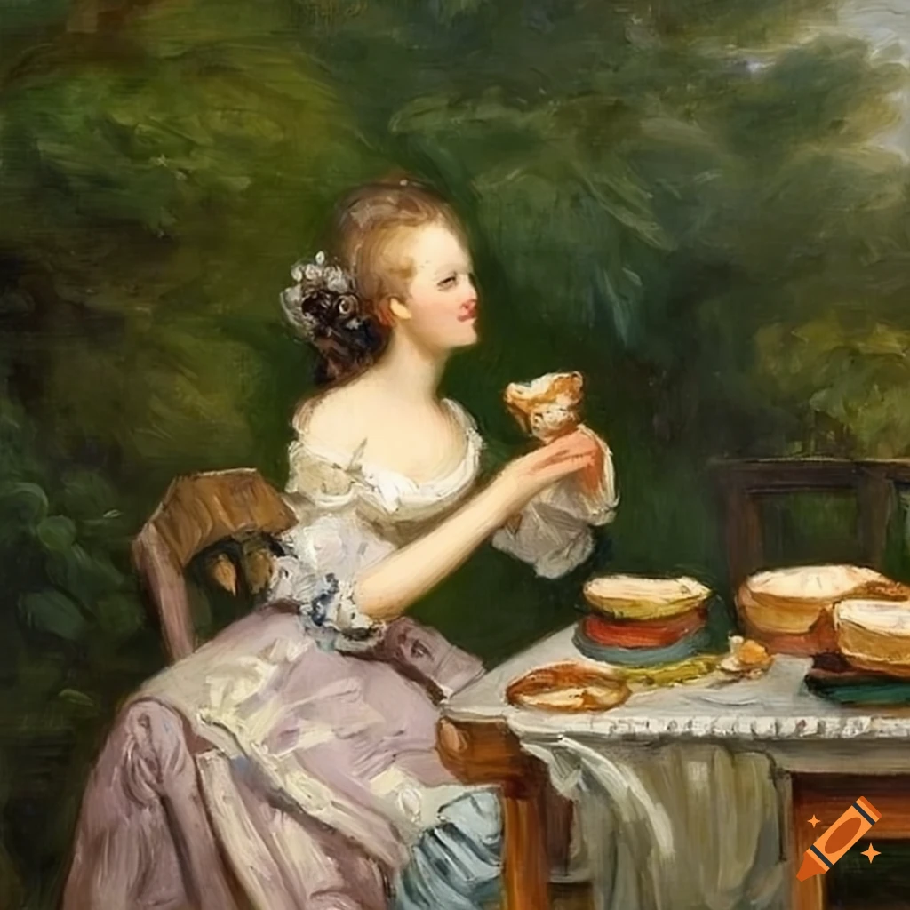 Rococo painting of a woman eating a sandwich in a French garden