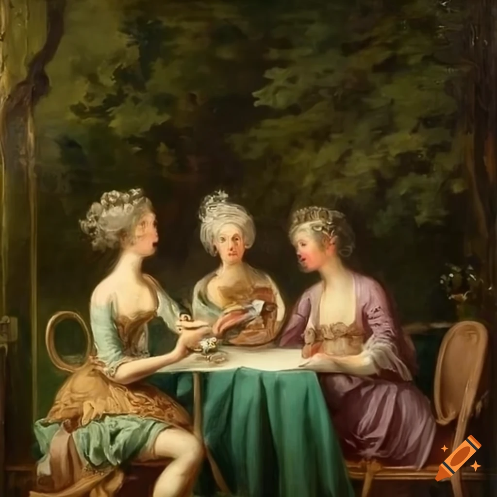Rococo-style painting of a young woman eating a sandwich in a French garden