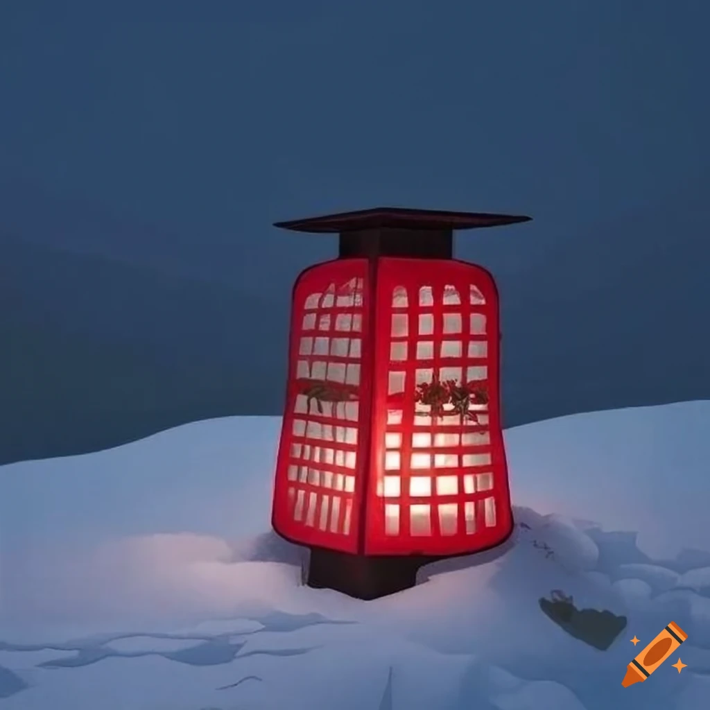 Ukiyo-e style with a glowing red lantern on a snowy hill under a deep night sky