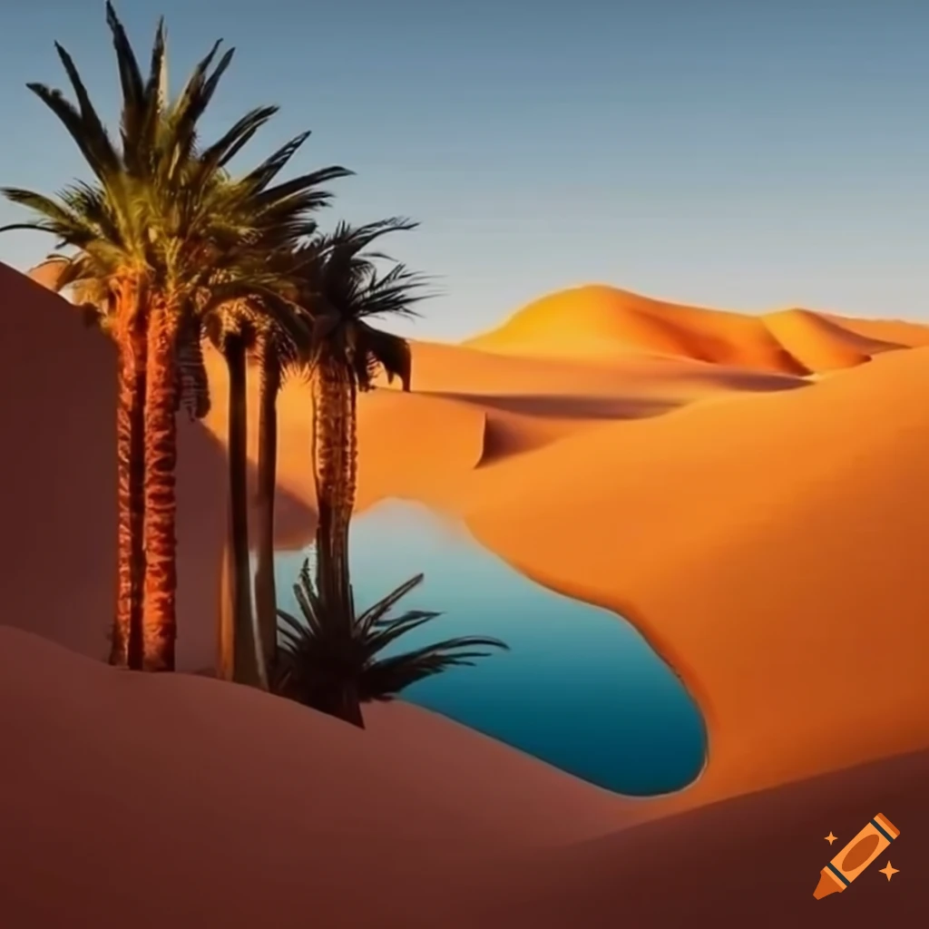 Inviting desert oasis with palm trees in the middle of nowhere