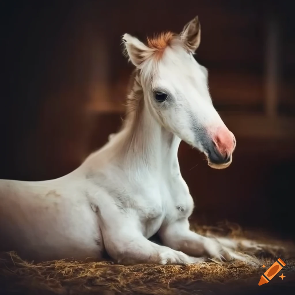 White baby horse laying in a stall with its mom during a stormy night
