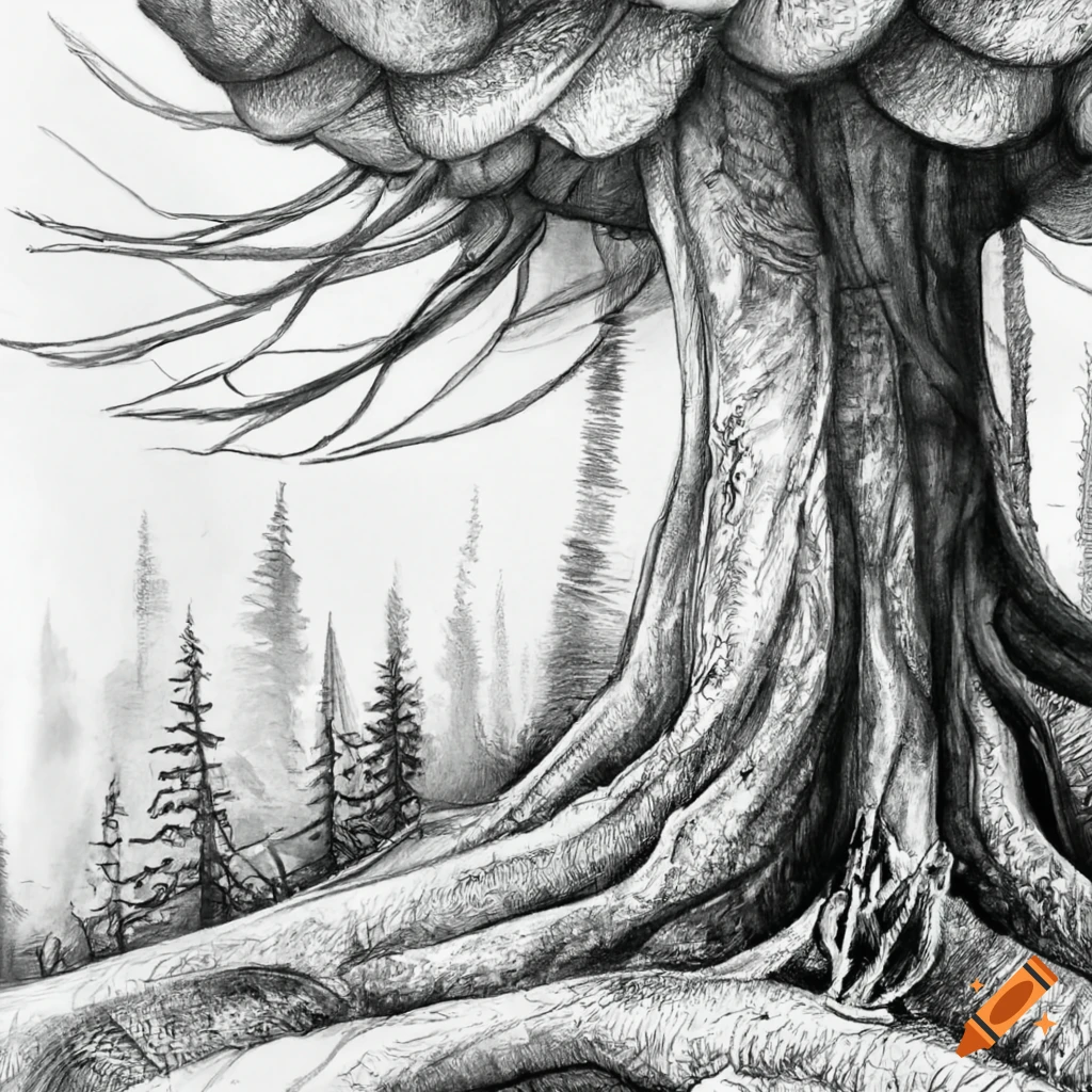 Forest on an alien world from above in black and white pencil drawing