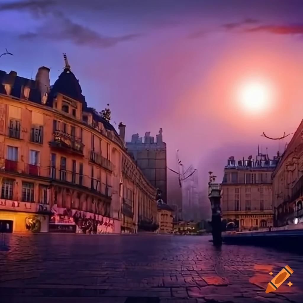 Enchanting city of Fantasy Paris at sunset with cobblestone streets