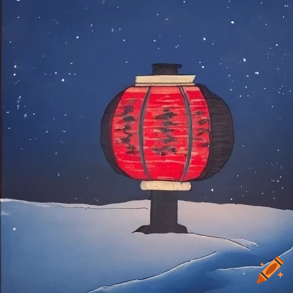 Ukiyo-e print of a red lantern in snow under a deep night sky