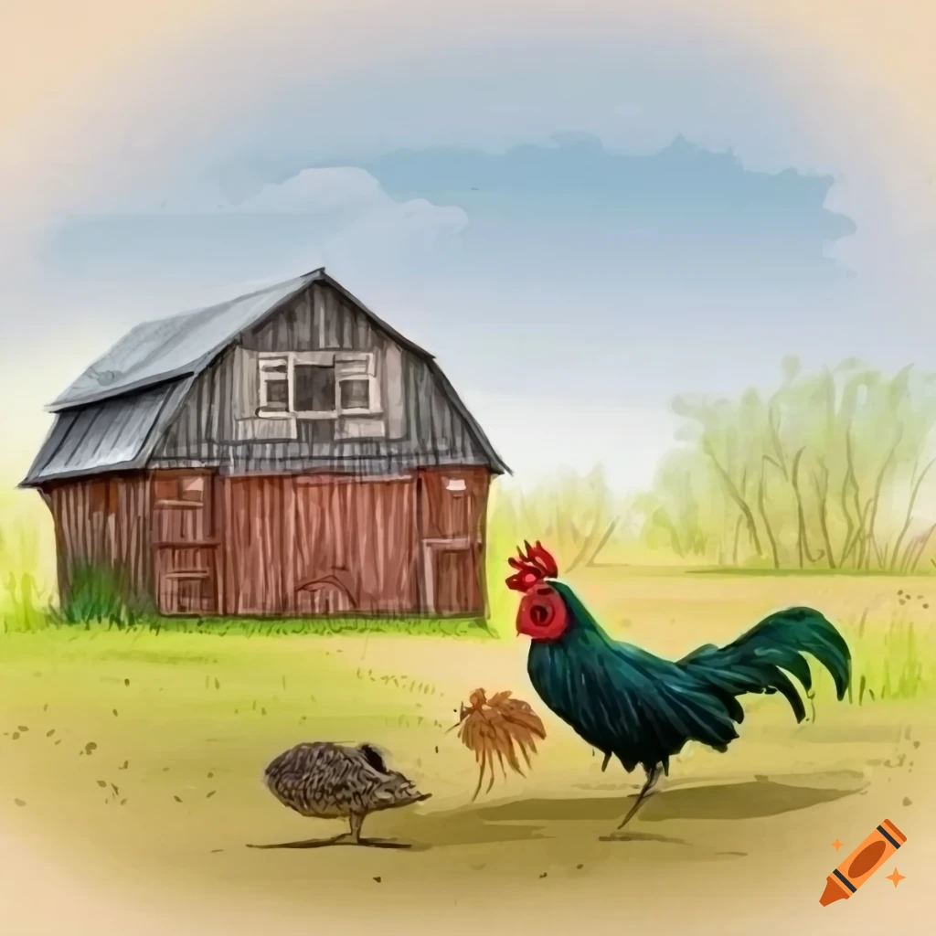 Farmyard scene with a rooster and quail