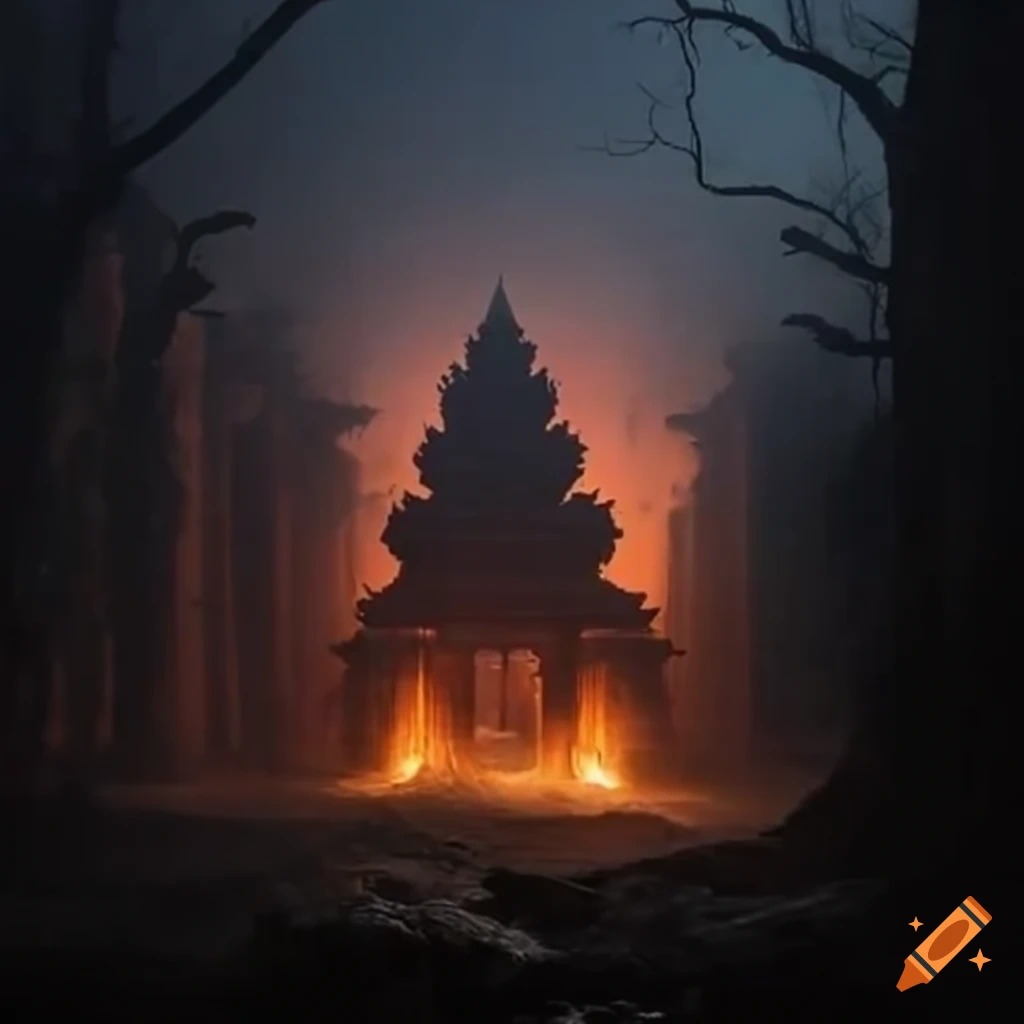 Ancient temple engulfed in flames in a dark forest on Craiyon
