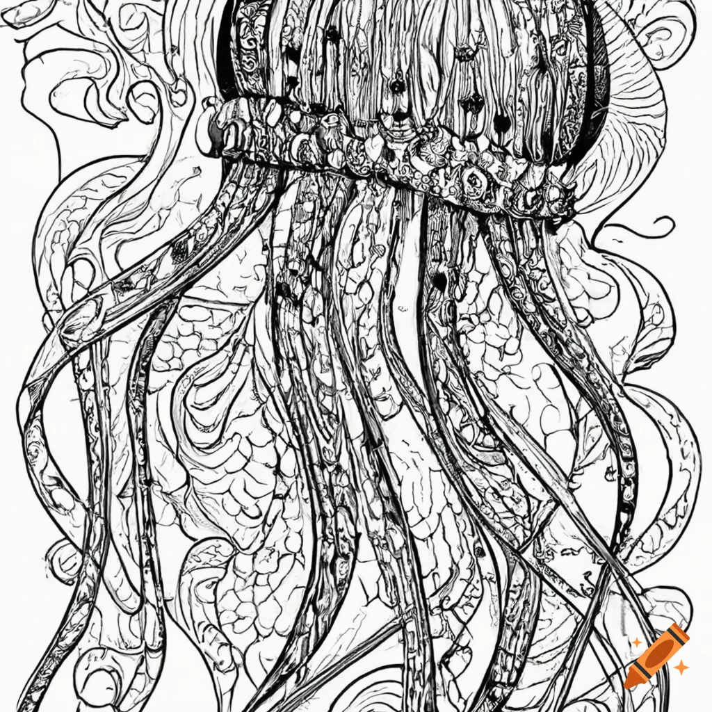 Fantasy coloring book page with detailed jellyfish in black and white