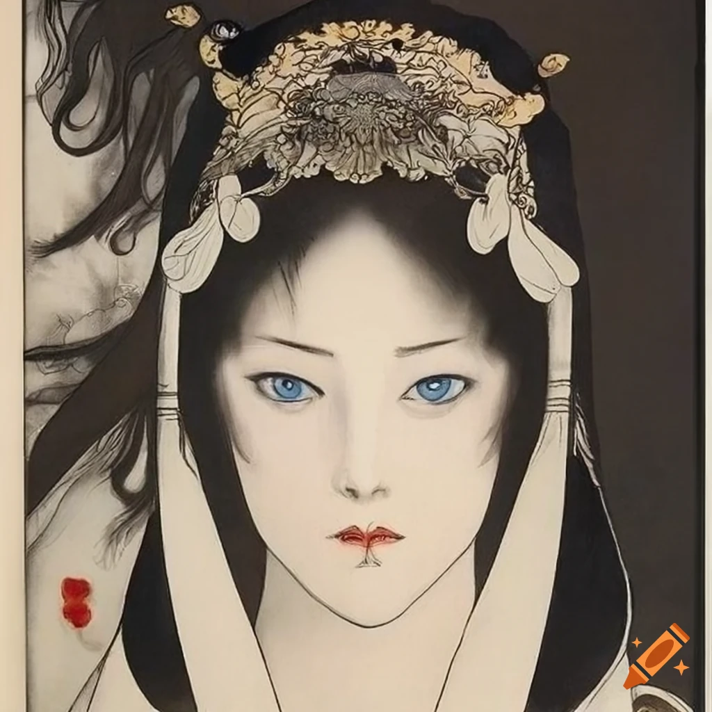 Portrait of a woman with blue eyes and long black hair in a white kimono