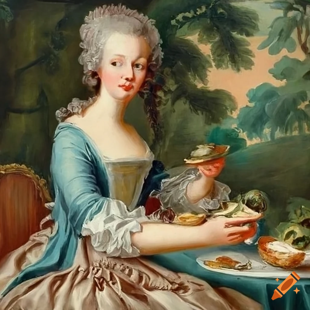 Rococo painting of a woman eating a sandwich in a garden setting
