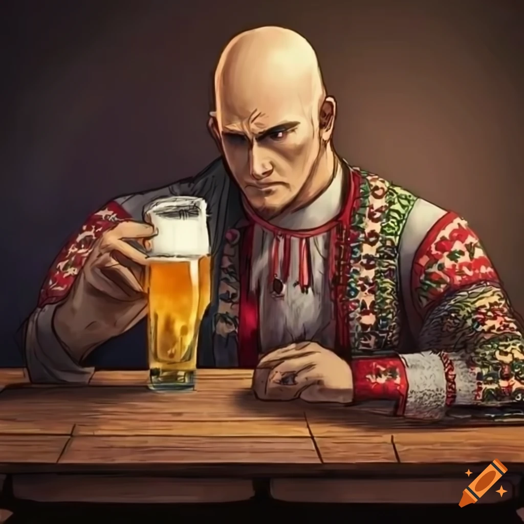 Hitman relaxing with beer and mici in the Romanian mountains in traditional outfit