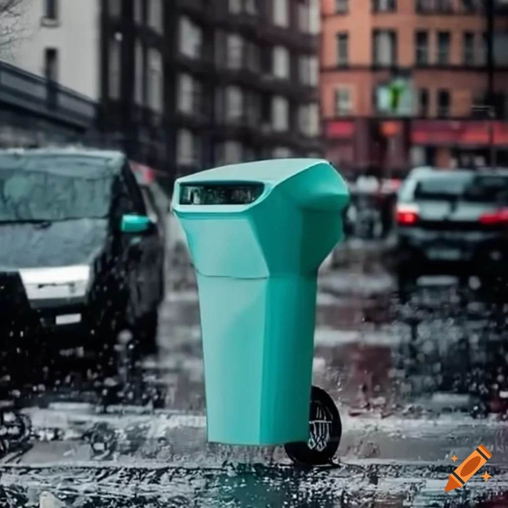Futuristic trash can with eyes on giant wheels picking up trash in the rain