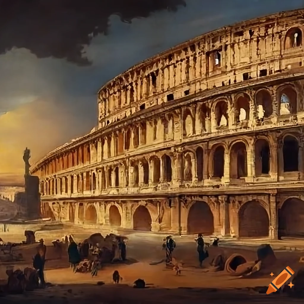 Old painting of famous Rome monuments including the Colosseum, the baths, the Circus Maximus, the Temple of Venus, and Rome