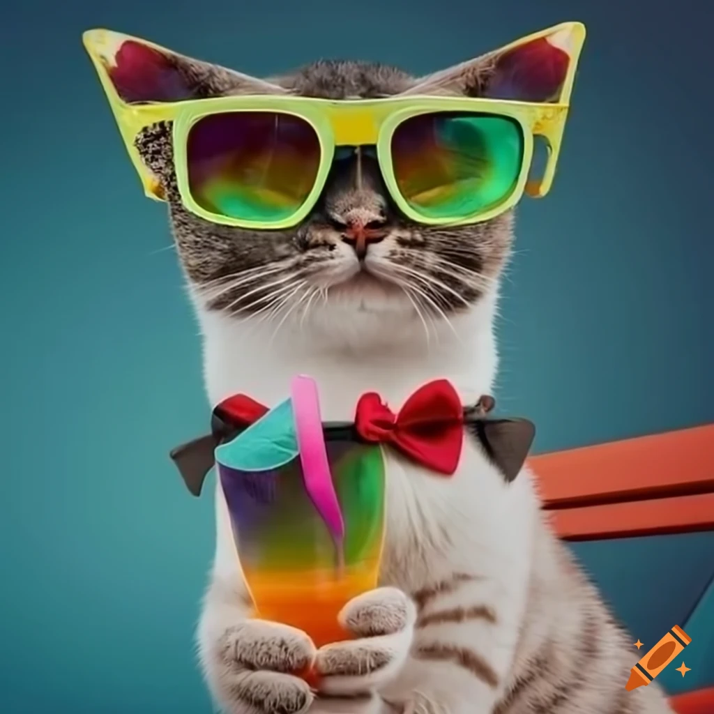 Mischievous cat with sunglasses and a bow tie lounging on a beach chair ...