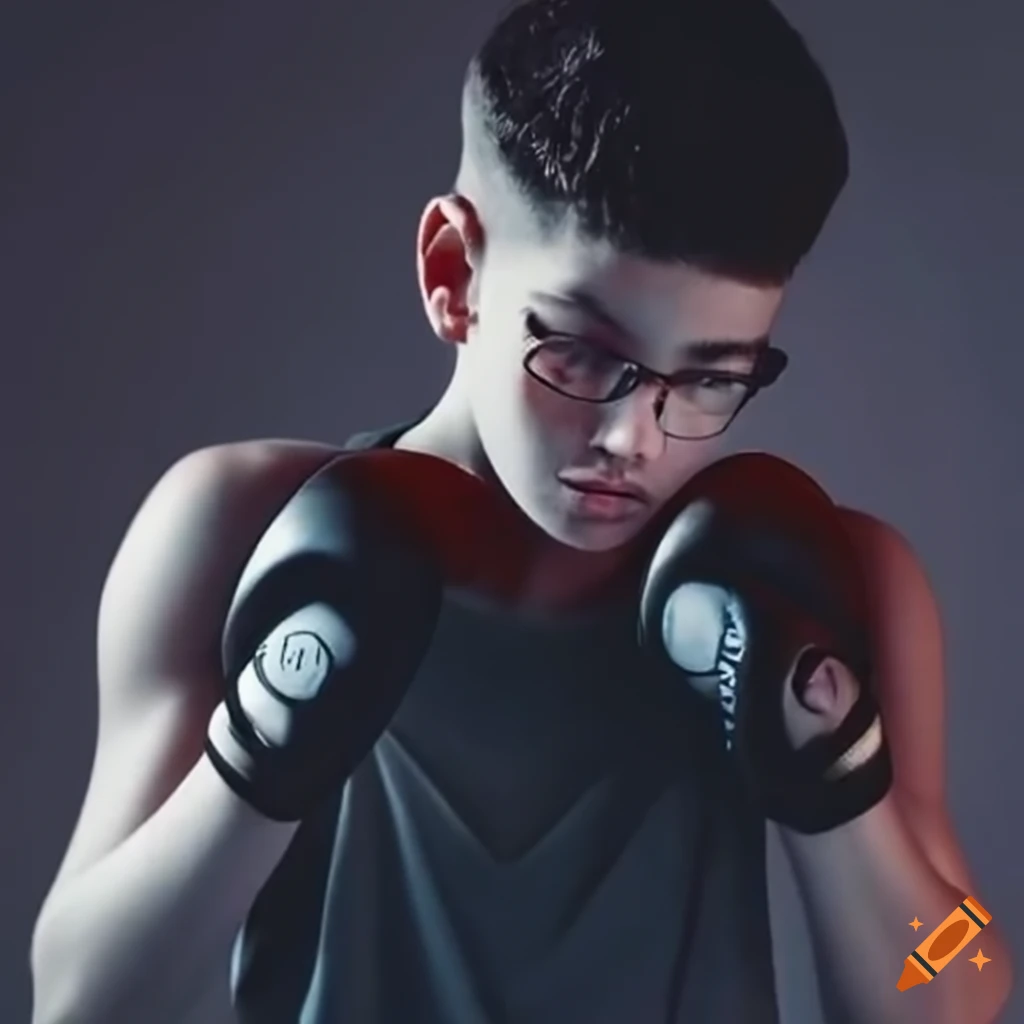 A boy with x-ray glasses and boxing gloves in a t-shirt