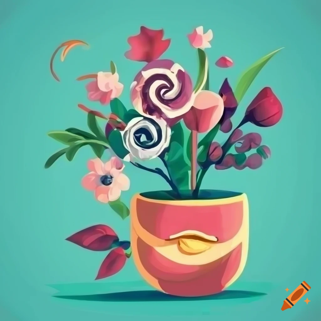 Surreal flat design of decorative pot and flowers with an eye in the center of the petals on a table with patterned tablecloth and morning window