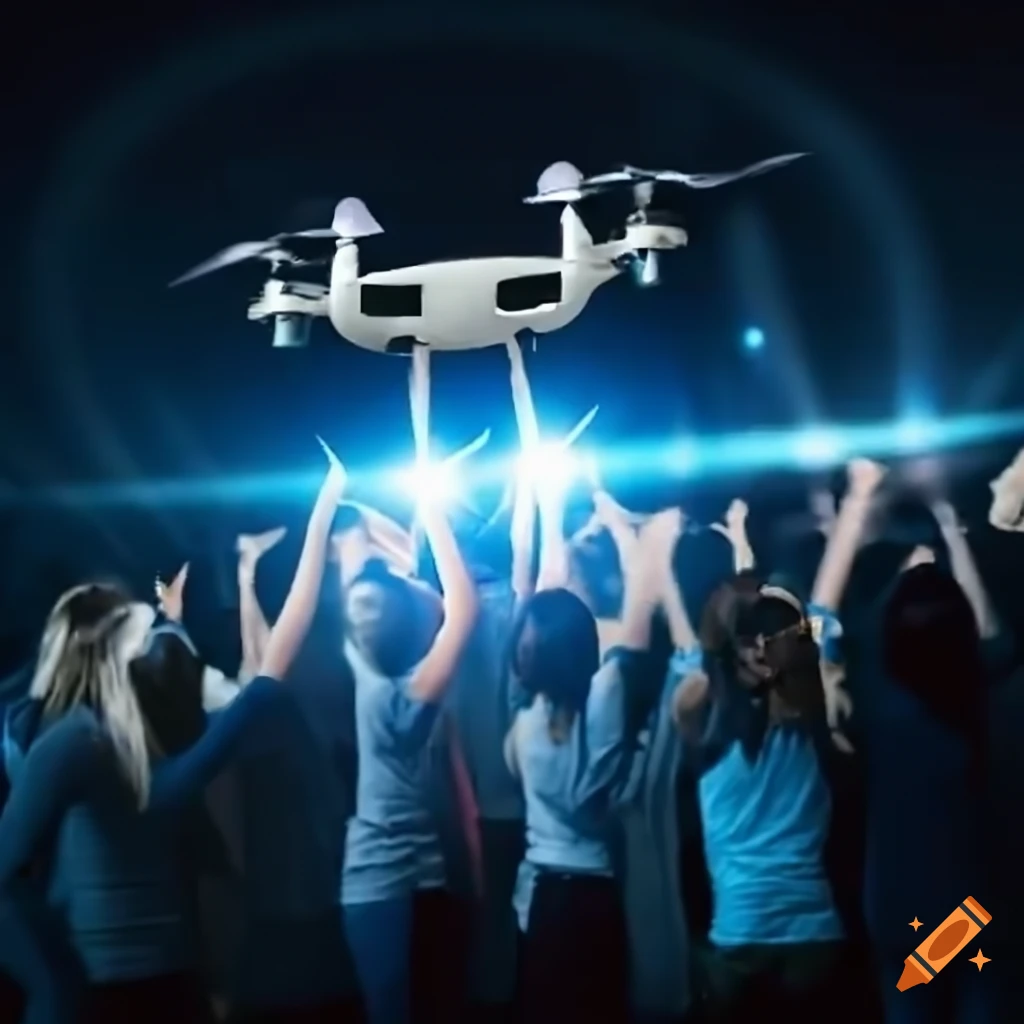 Crowd of college students flying a drone