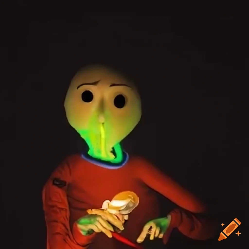 Baldi as a baby with spaghetti in a nighttime setting