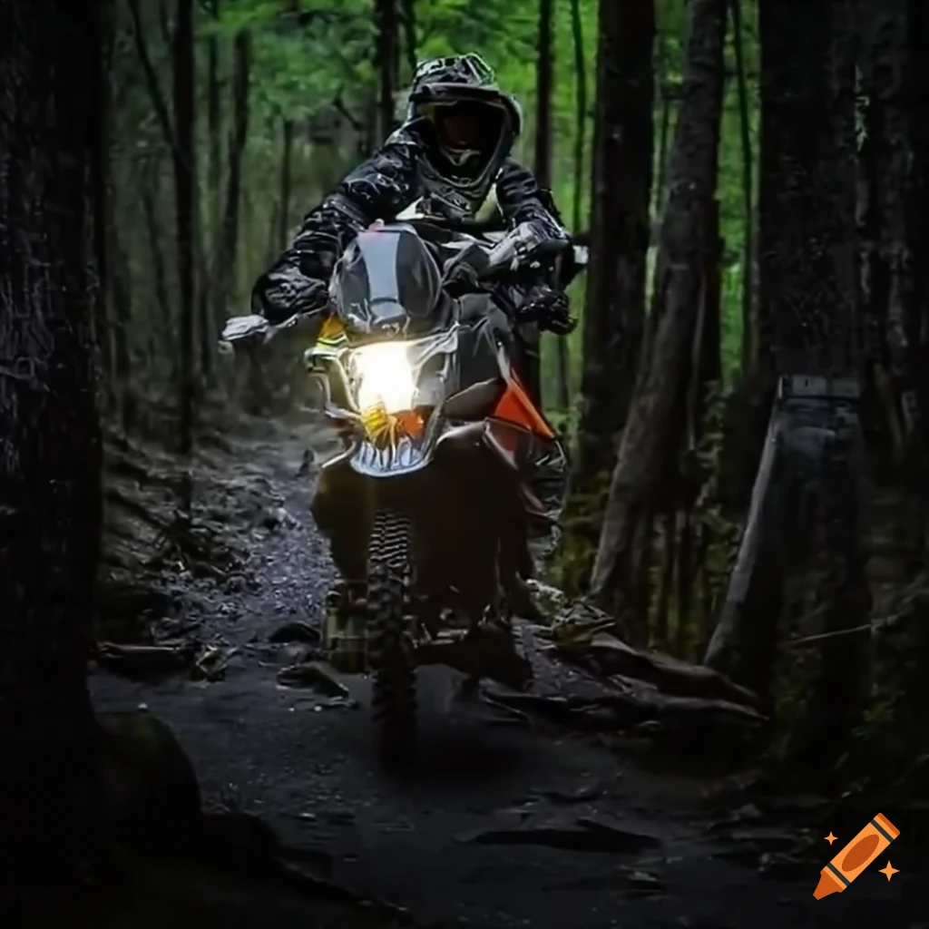 Enduro motorcycle at a mountain pass in rainy weather with gear