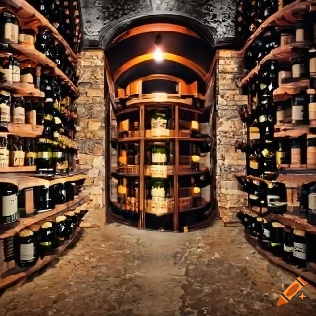 Cellar with many wine bottles in high definition on Craiyon