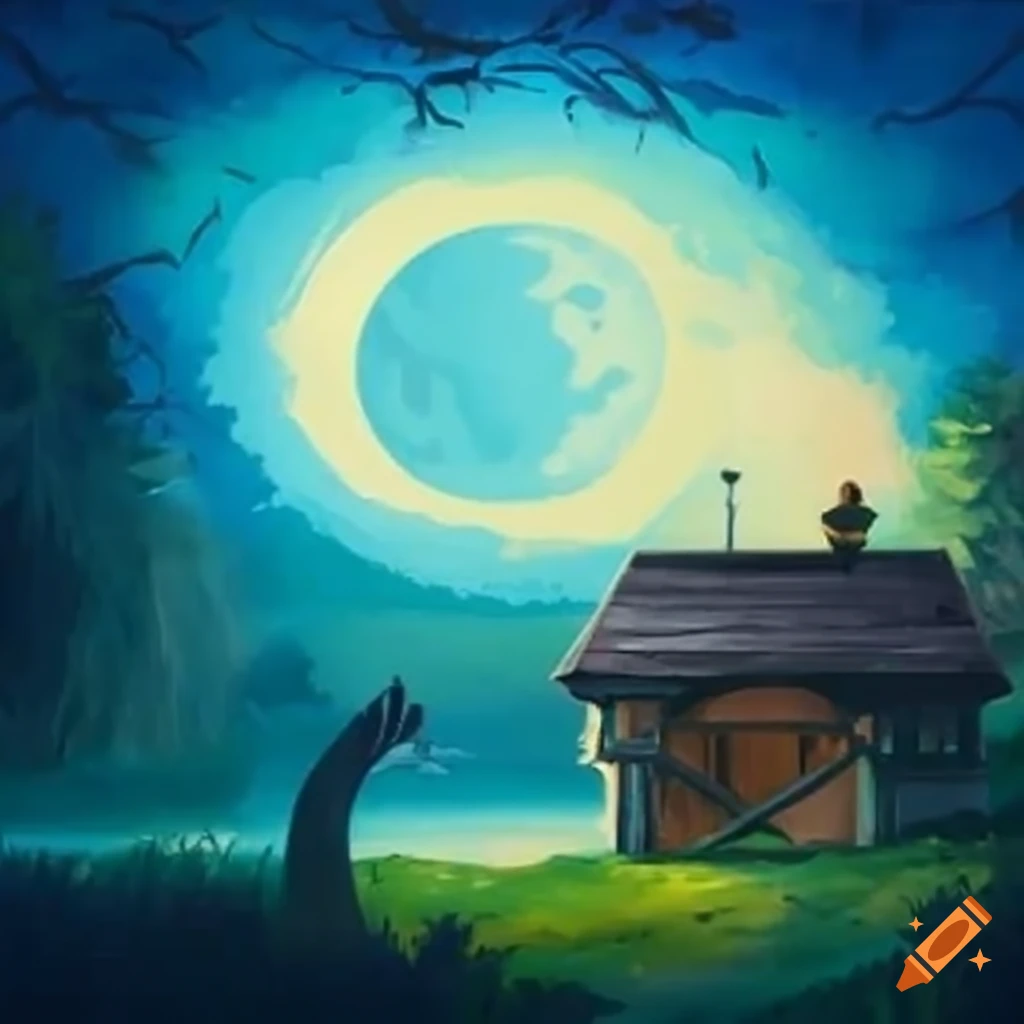 Quaint children's storybook scene of chicken coop under the moonlight