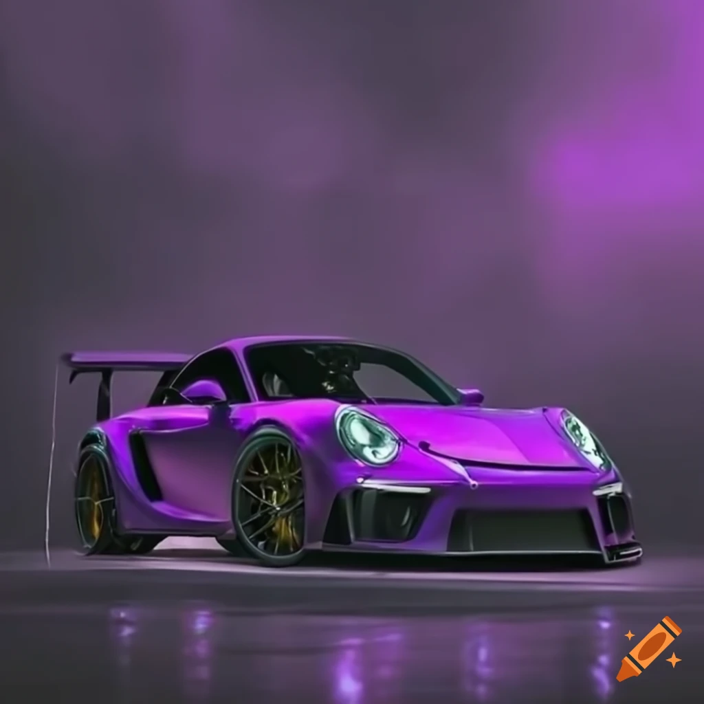 Dark purple GT3RS in the rain with a purple haze