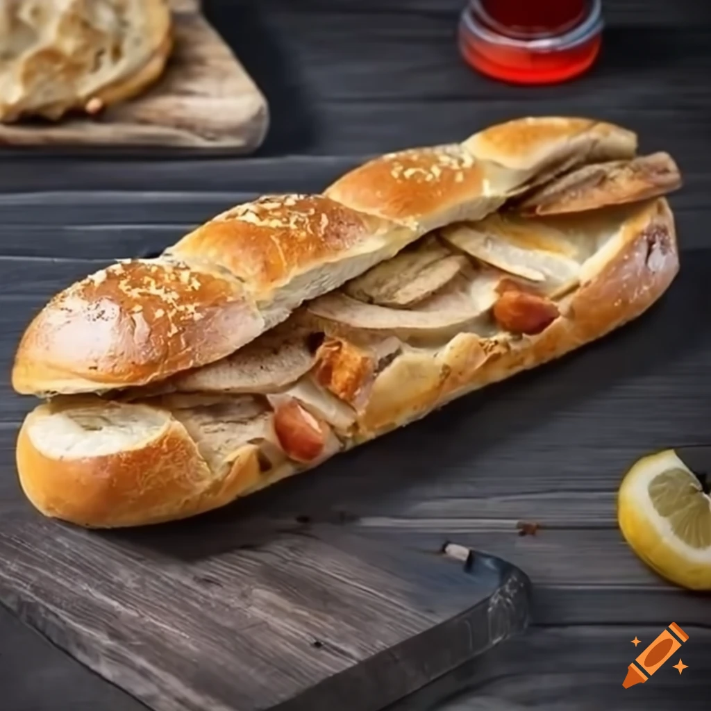 Delicious homemade braised chicken baguette in wood fire