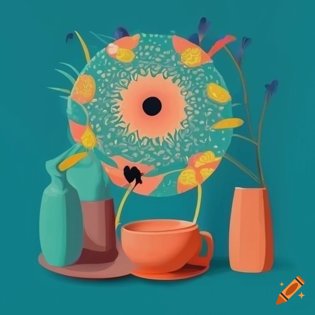 Surreal flat design of decorative pot and flowers with an eye in the center of the petals on a table with patterned tablecloth and morning window