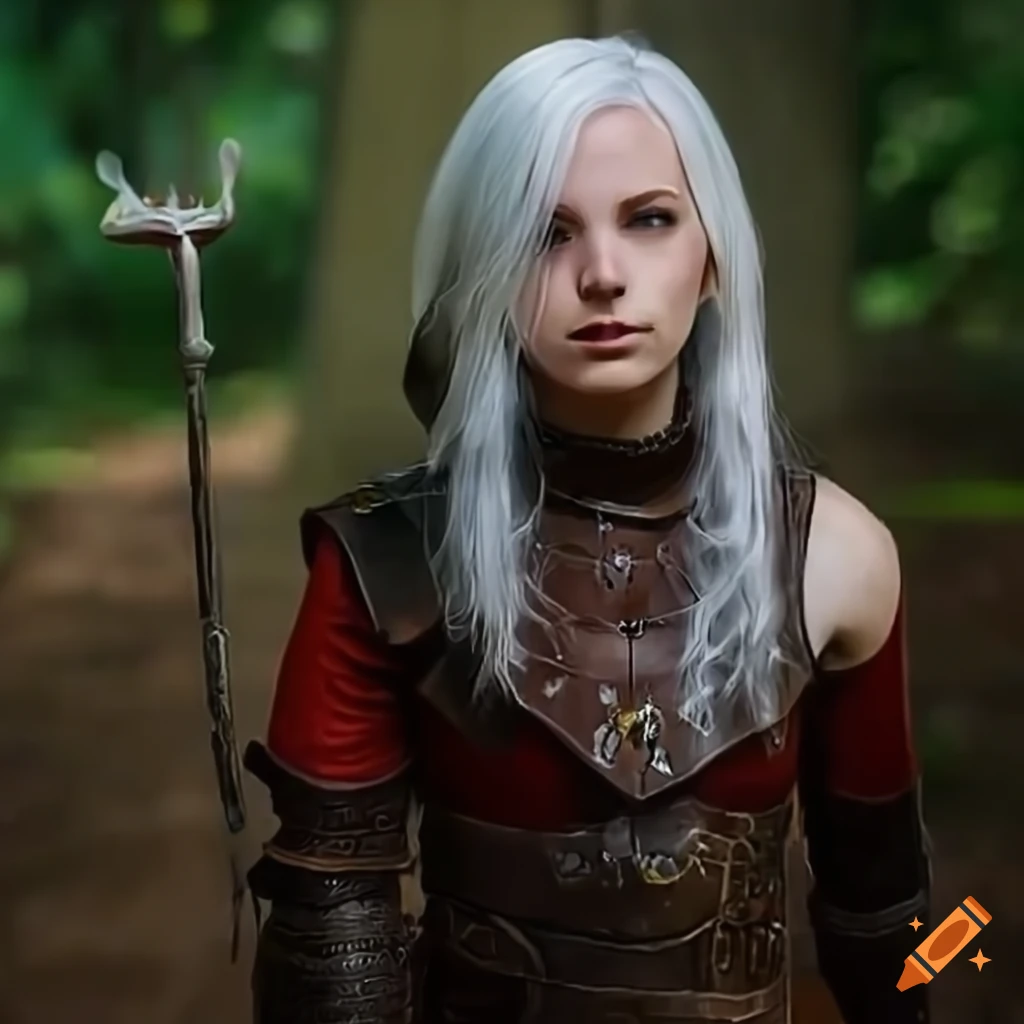 Half elf with white blonde hair and green eyes in roguelike leather armor