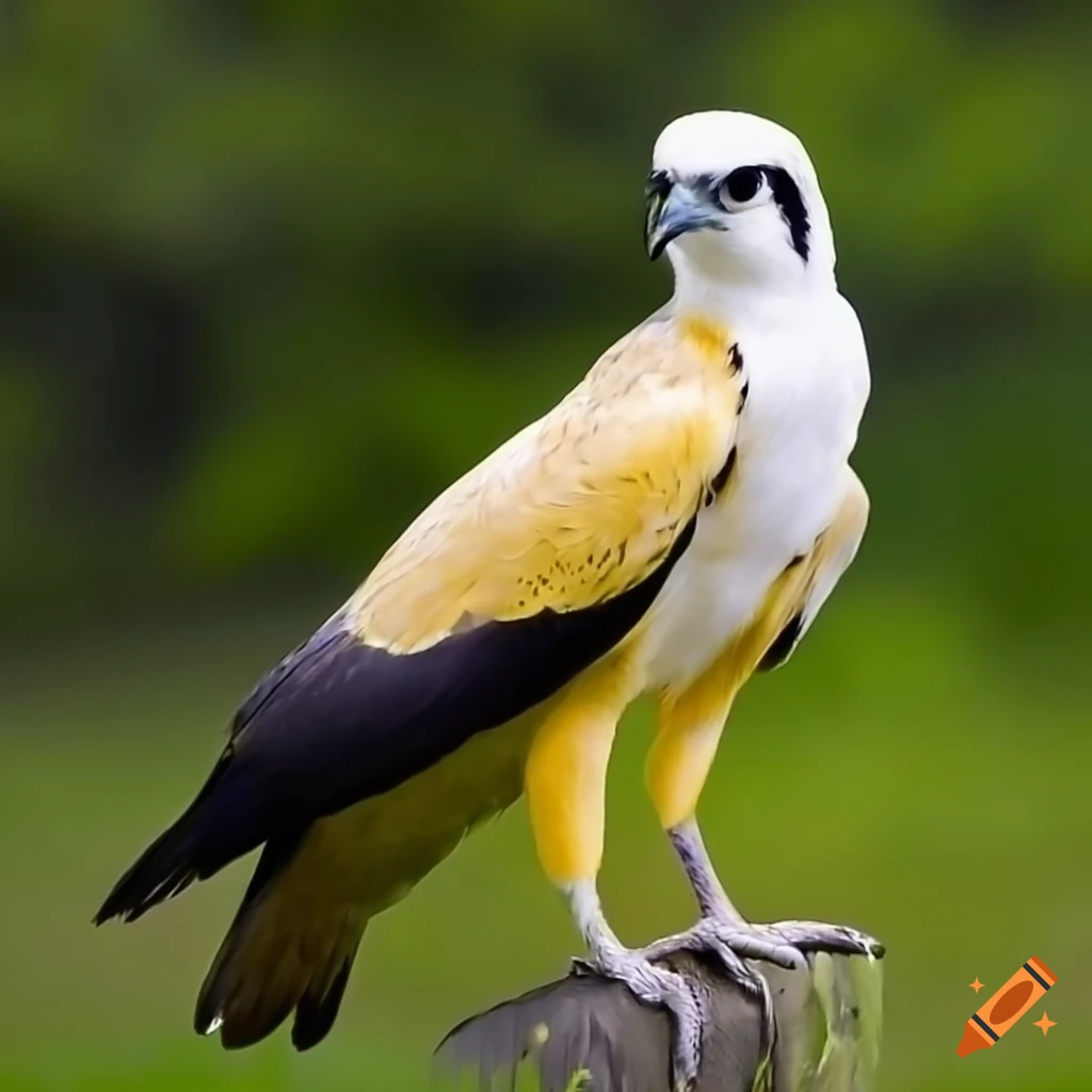 Majestic bird with white-yellow coloration resembling a falcon and crow hybrid