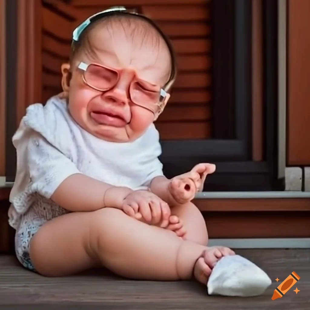 Babies with glasses crying on front porch