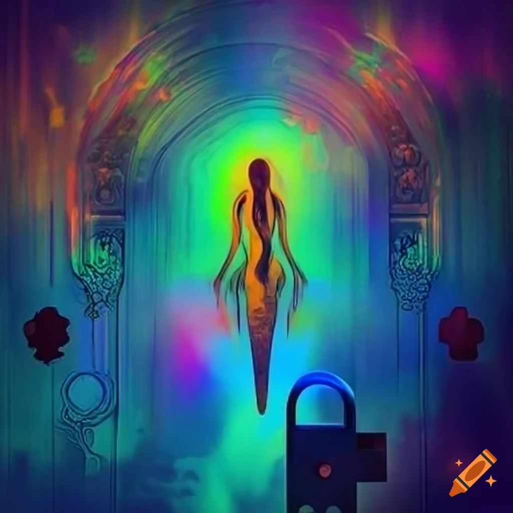 Golden key turning in a lock opening a door to a bright horizon
