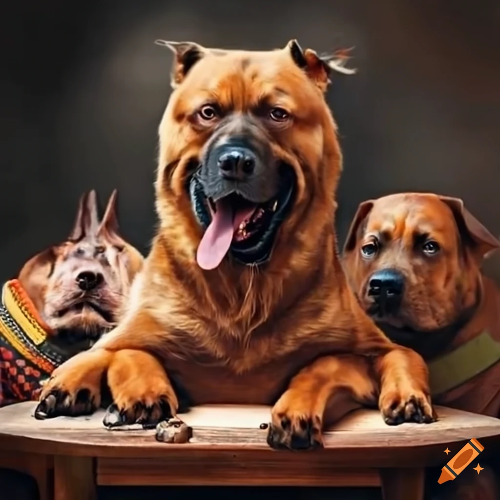 Four powerful dogs in vests sitting around a table on Craiyon