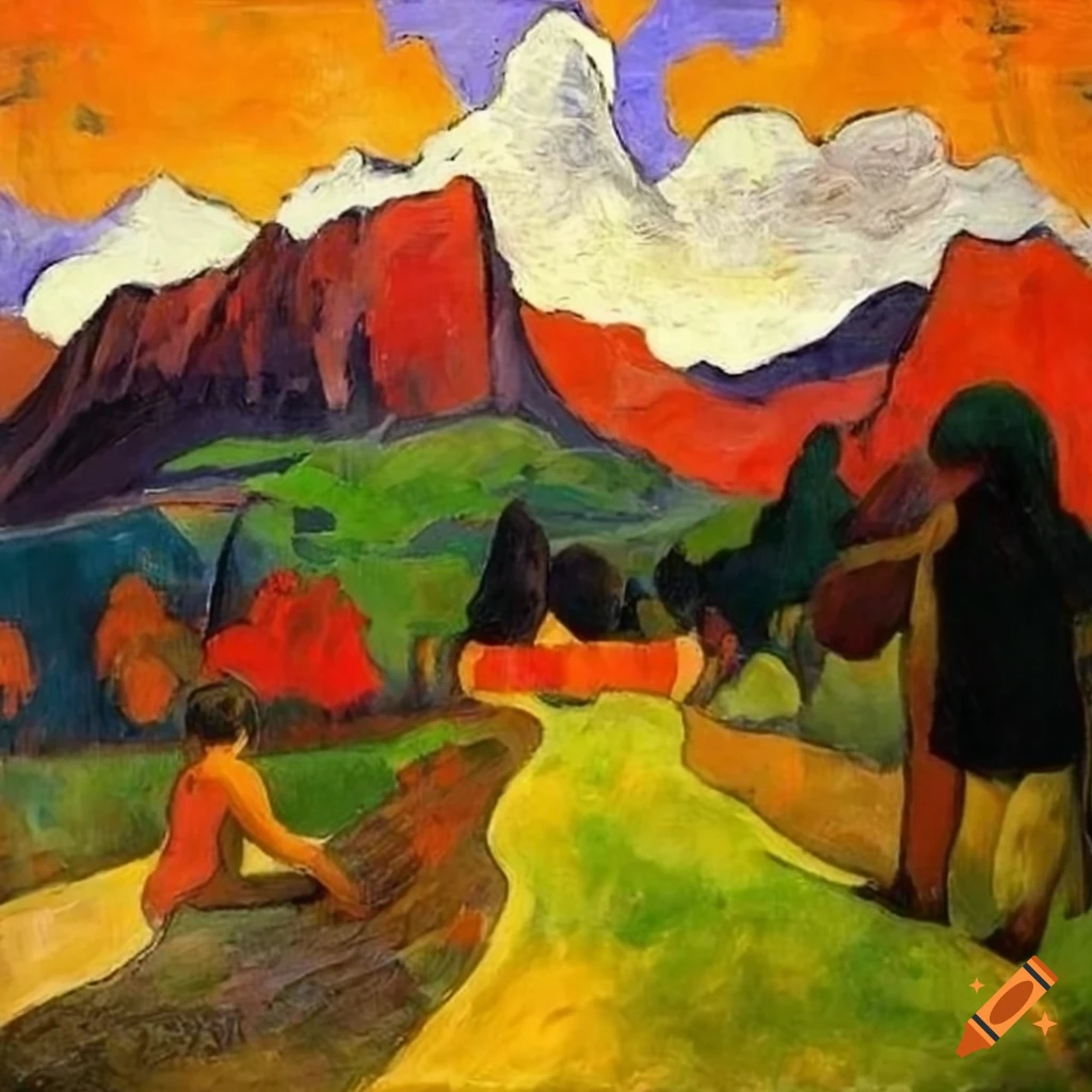 Awe-inspiring mountain landscape painted in fauvism style by Paul Gauguin