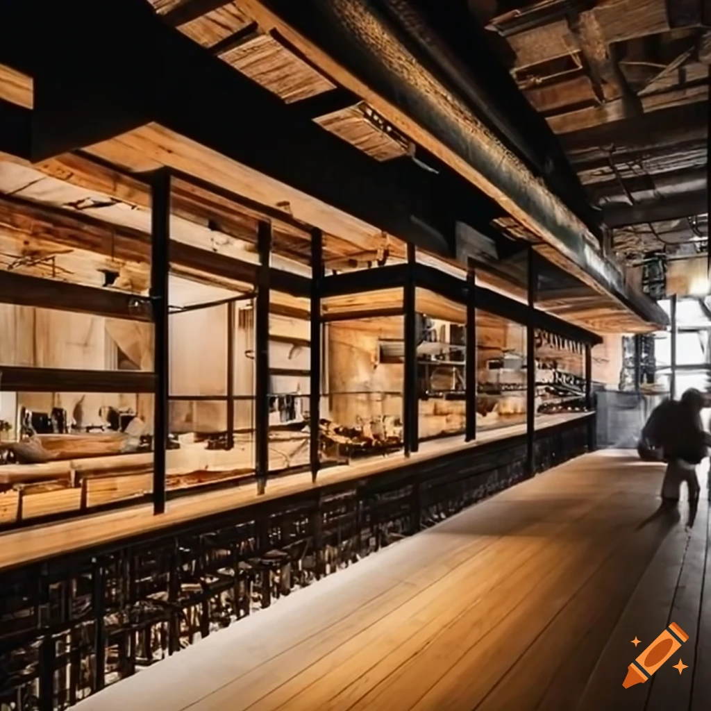 Design for wooden and steel kiosks for authentic Asian cuisine in an industrial-style food hall