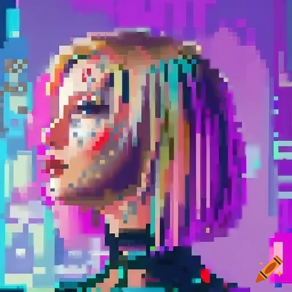 Pixelart portrait of a russian android cyborg girl on a cyberpunk skyscraper