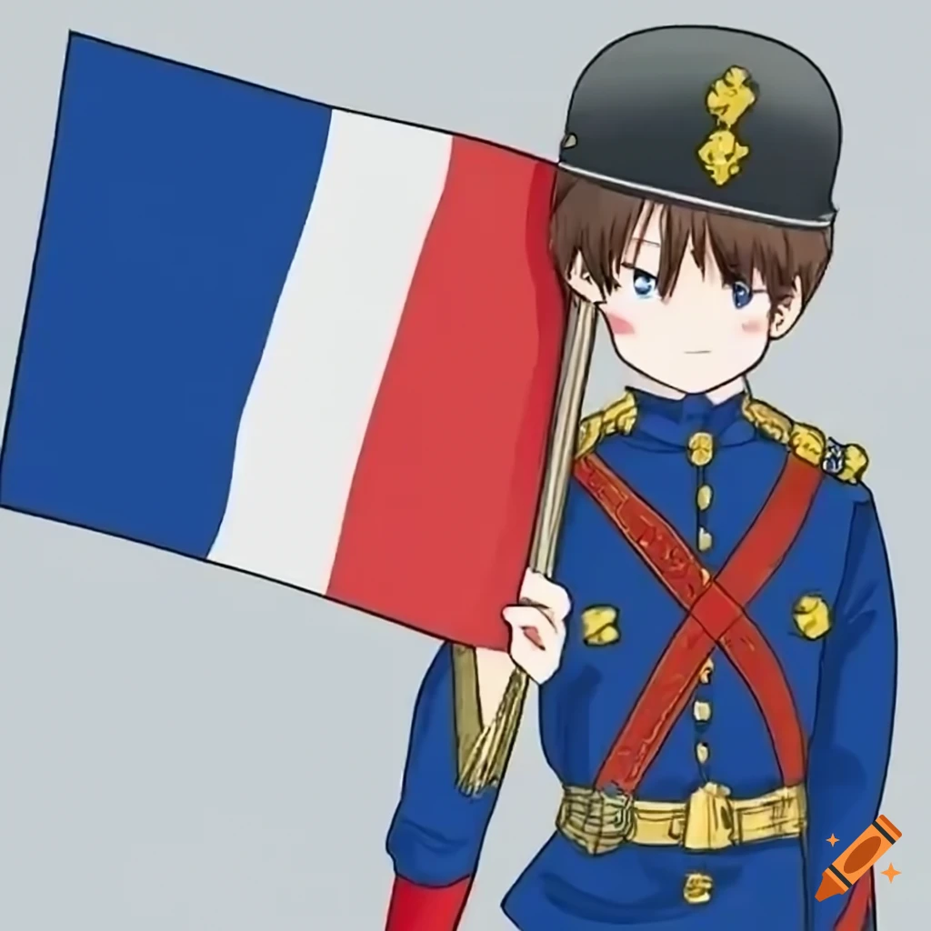 Anime-style shy boy holding the French tricolor flag in a historic uniform