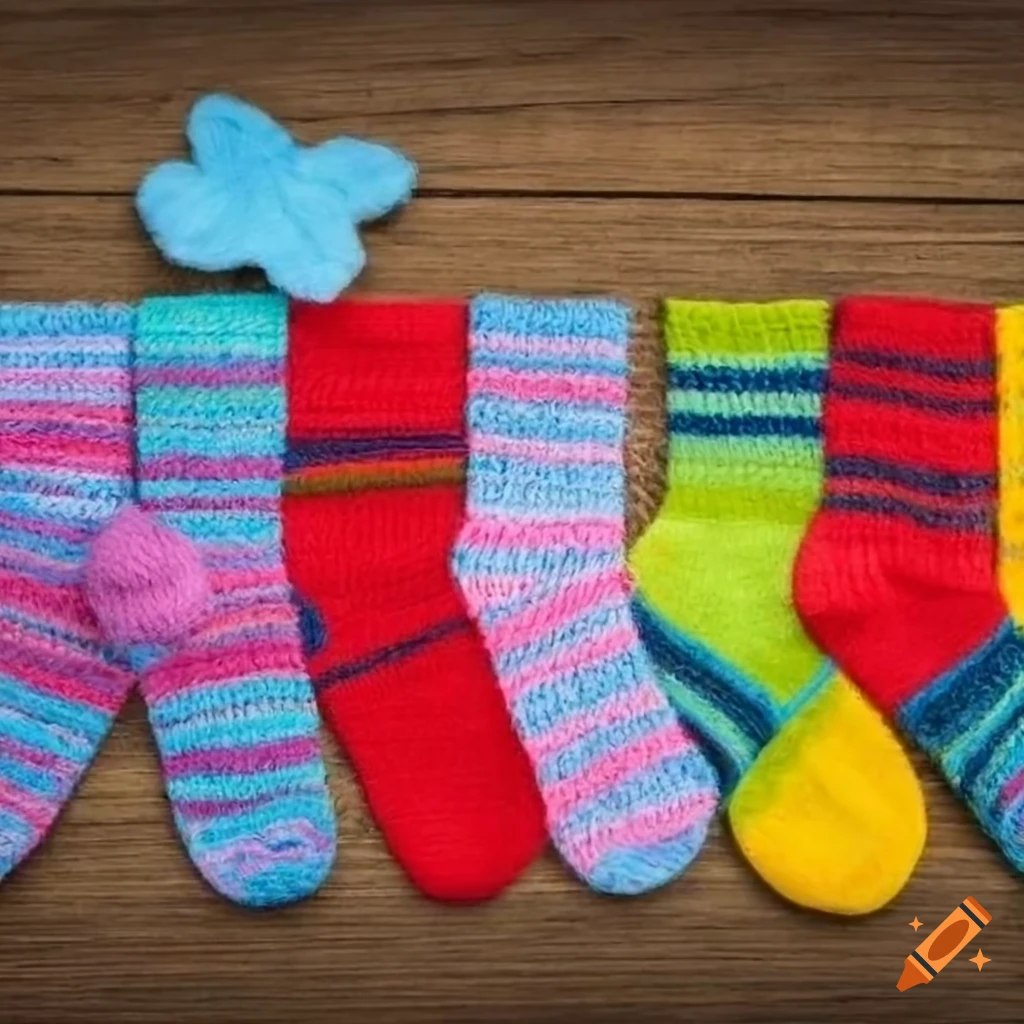 Colorful and cozy socks on a wooden tabletop