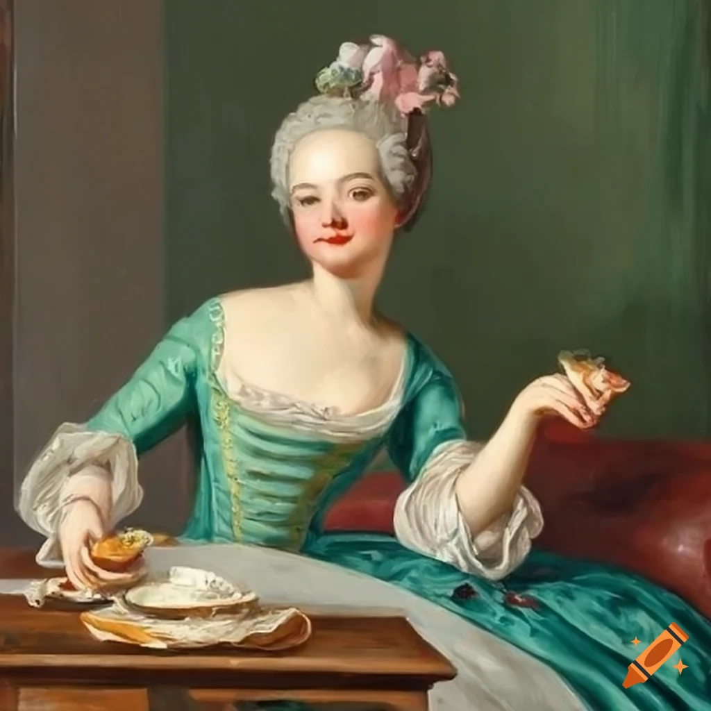 Rococo painting of a noble woman enjoying a sandwich in a sunny garden