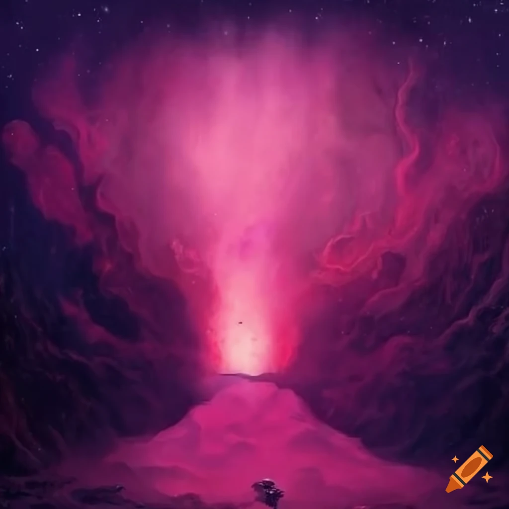 Retrofuturistic volcano in a pink cosmic atmosphere Gustave Dore style