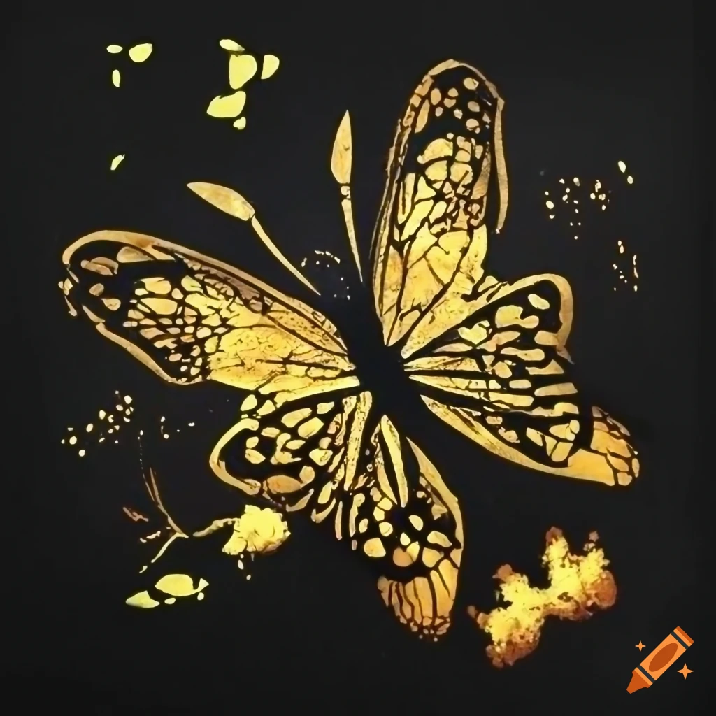 Golden butterfly graffiti stencil art on black canvas