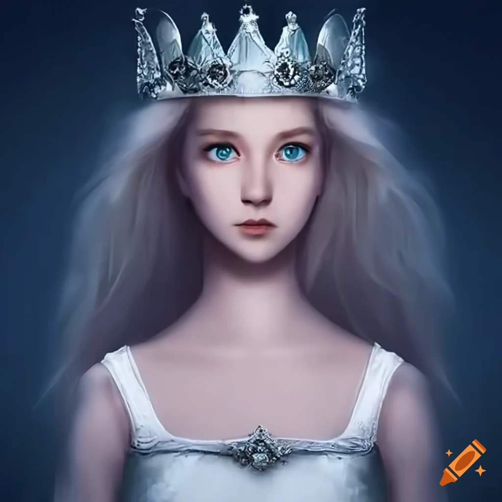 Young princess in white dress with silver crown and sword in a pure white light setting