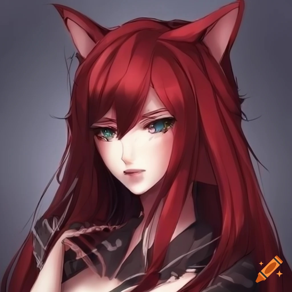 Anime woman with red long hair, emerald green eyes, and black wolf ears ...