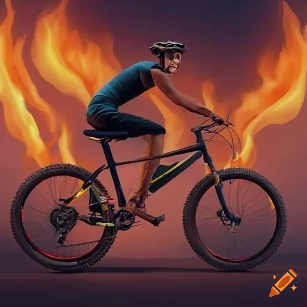 Man riding a mountain bike with a fiery aura