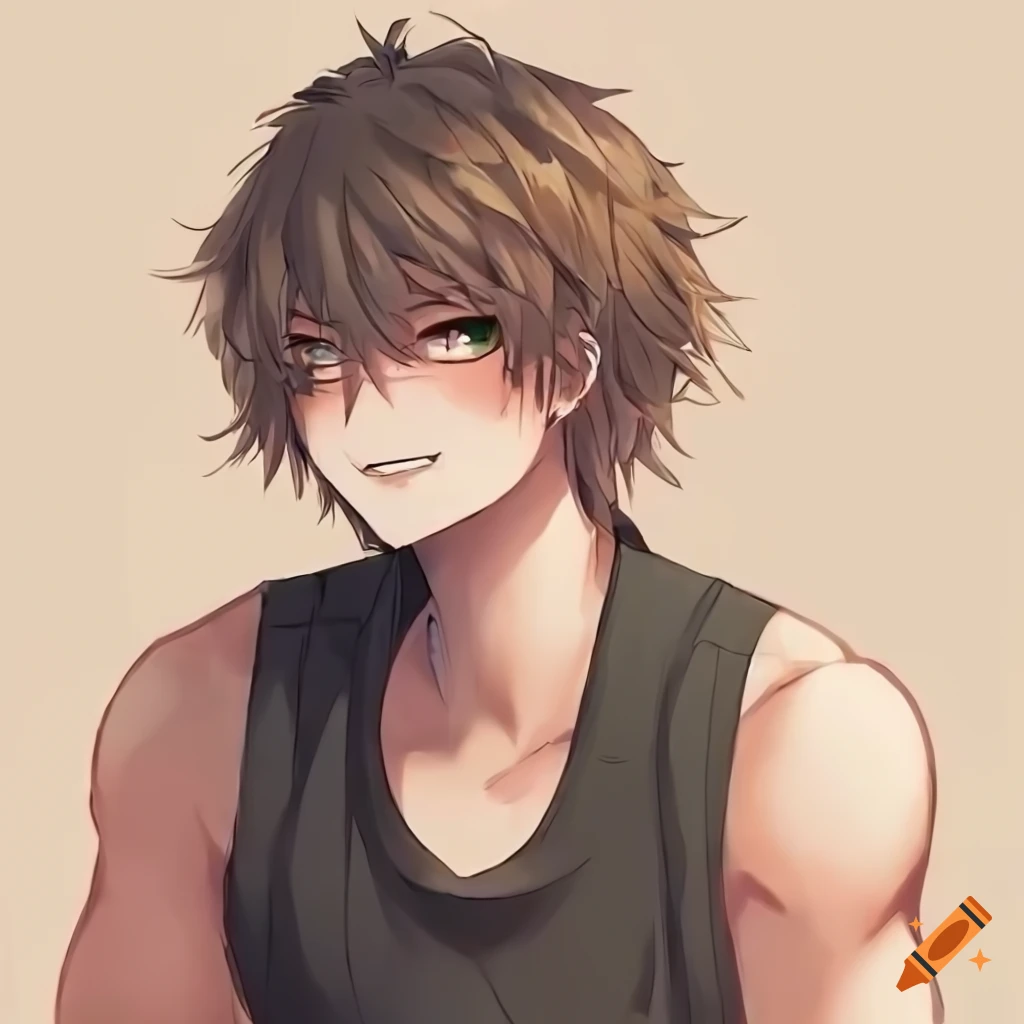 Anime boy with brown hair and green eyes sitting on a bed