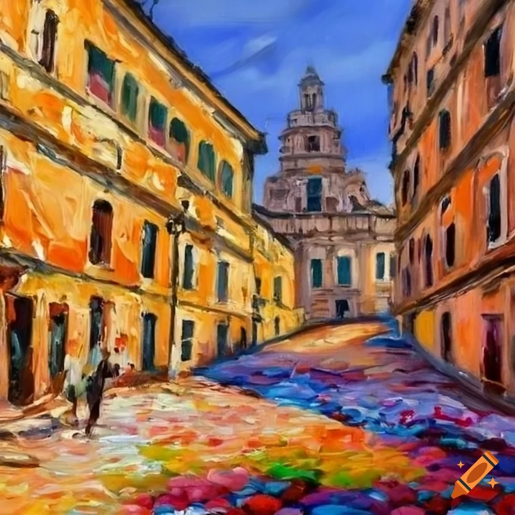 Oil painting of the Infiorata festival in Genzano di Roma