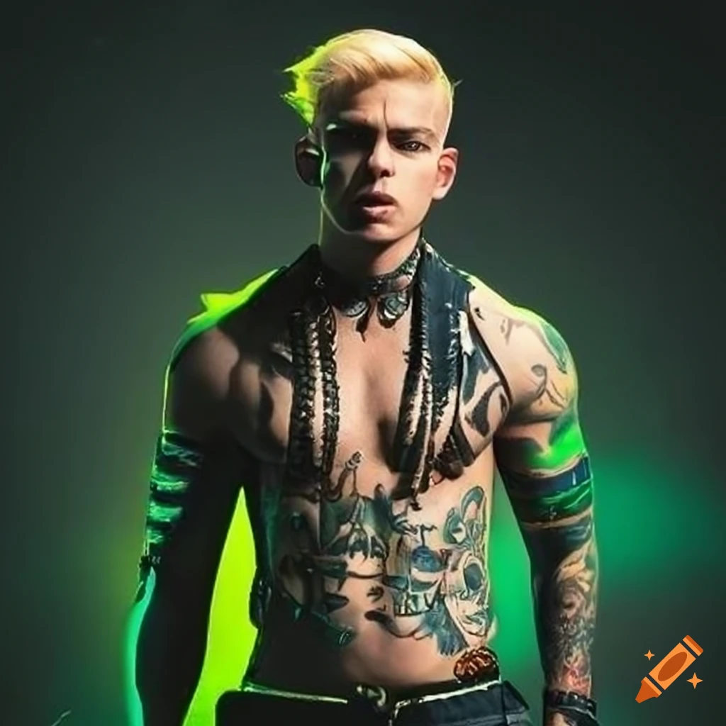 outfit-ideas-for-a-muscular-male-singer-with-tribal-tattoos-and-green