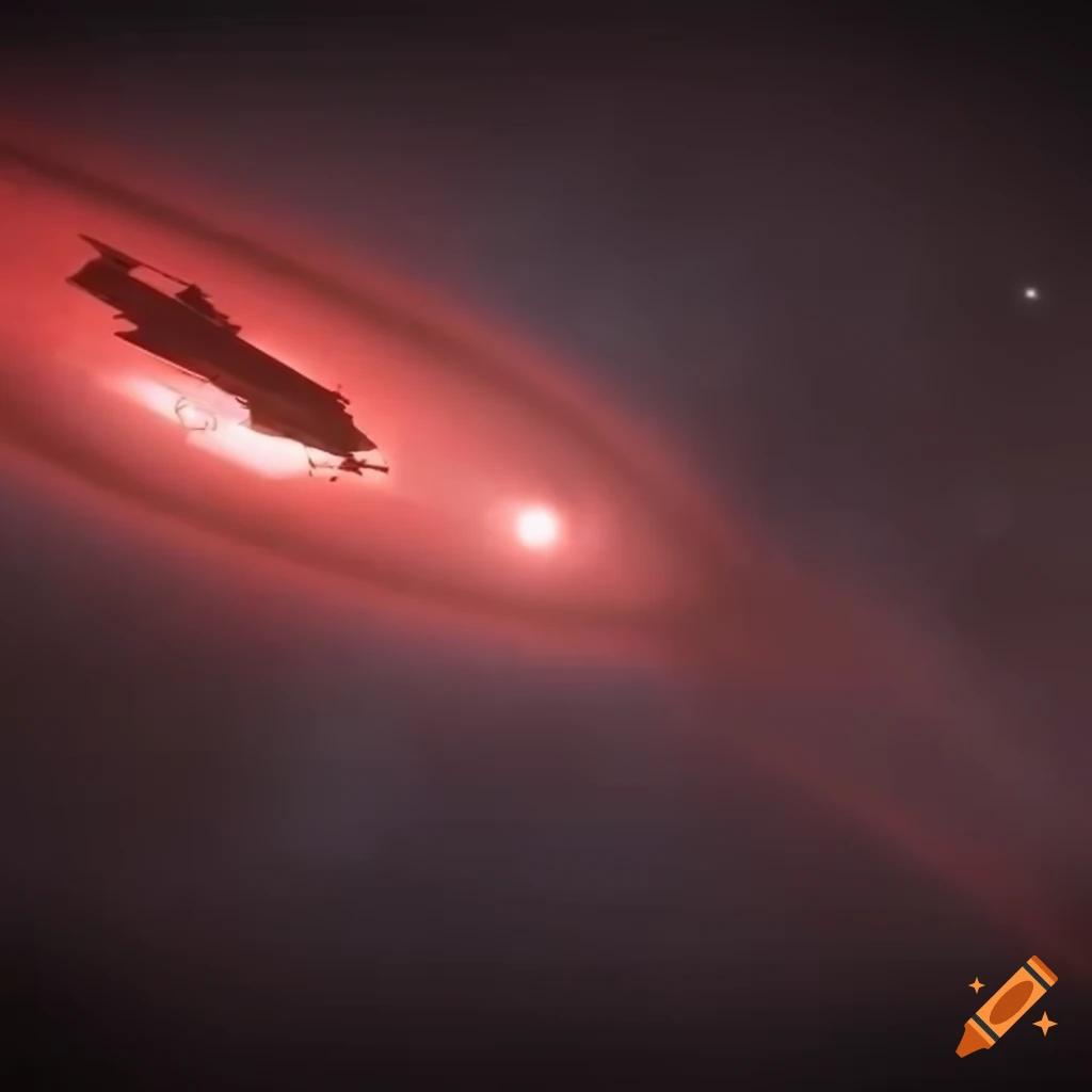 Red super nova behind a spaceship in outer space