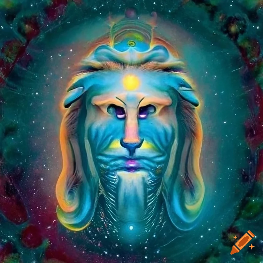 Towering figures in the ethereal hall of cosmic contemplation embodying ideologies